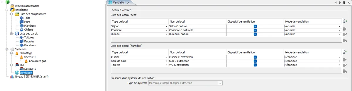 Ventilation dans CertiBru-Res : locaux secs naturels, locaux humides en extraction mécanique, système mécanique simple flux par extraction