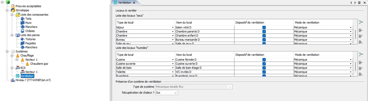 Ventilation dans CertiBru-Res : locaux secs et humides en mode mécanique, système mécanique double flux, récupération de chaleur Oui